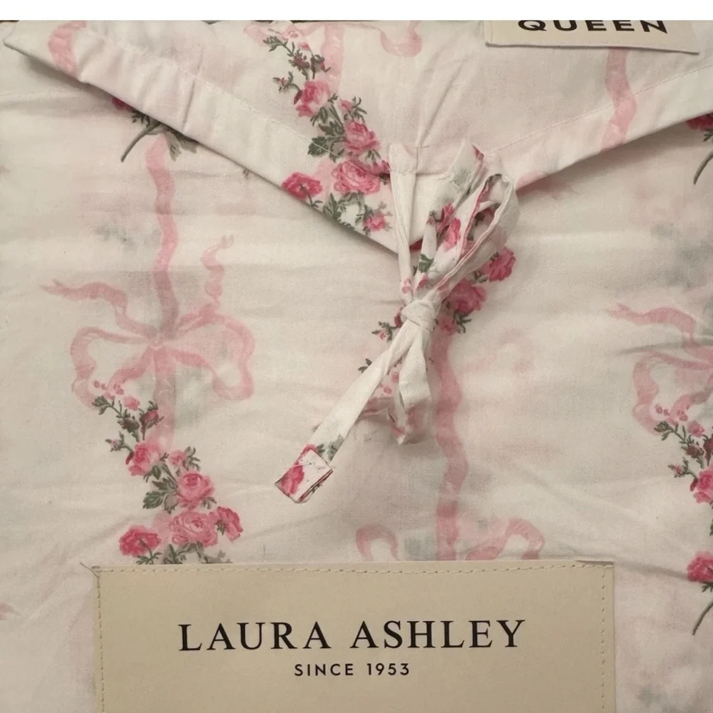 Laura Ashley Queen Pink Floral Ribbon Stripe Cotton 4Pc Sheet Set NEW